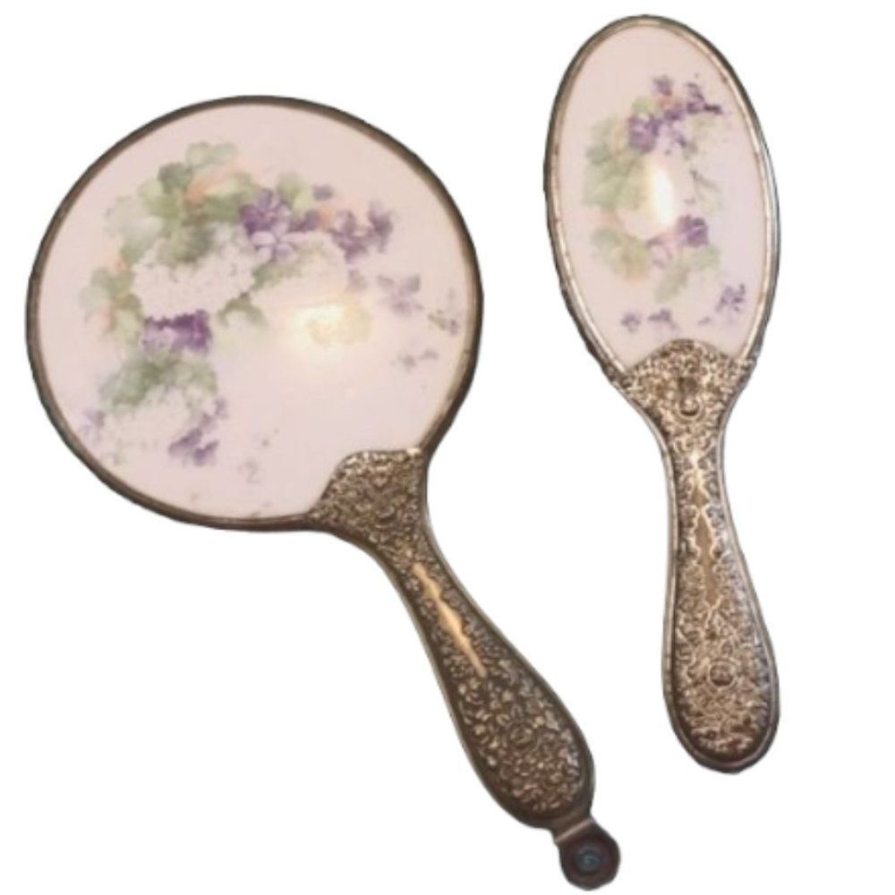 Vintage Vanity Set including Hand-Mirror and Brush with Floral Pattern Backs